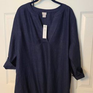 Chicos Navy Blue linen 3/4 length sleeve shift dress Size 3